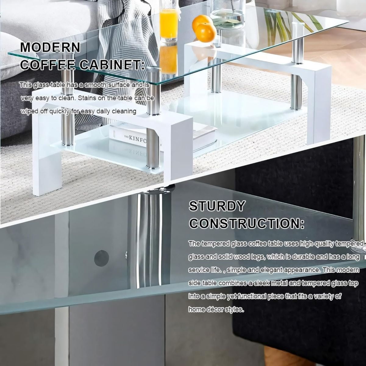 Rectangle Modern Coffee Table, 2 Tier Tempered Glass End Table, Living Room Table with Lower Shelf, Tea Table for Waiting Room, Reception Room, Office, White