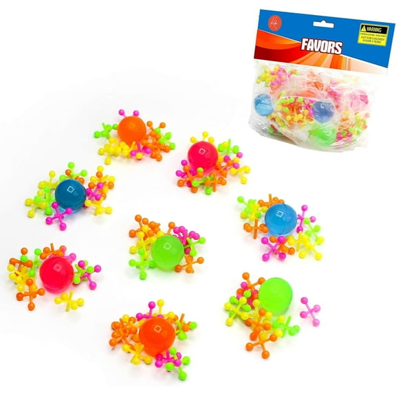 Kicko Plastic Jacks Set Jacks Game - Assorted Neon Colors - Pack of 16-10 Jacks and 1 Ball Per Pack, Jacks and Balls are 1 Inch, Classic Game Set - for Kids, Party Favors, Fun, Toy,
