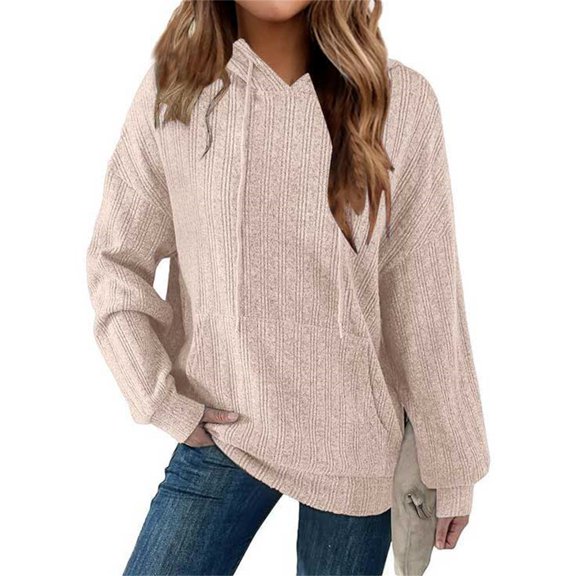 Clothing 2025 Sweatshirts for Women 2025 Hoodies for Casual Long Sleeve Textured Knit Loose Drawstring Hooded Sweatshirt with Pocket Womens Plus Size Sweatshirts Beige L