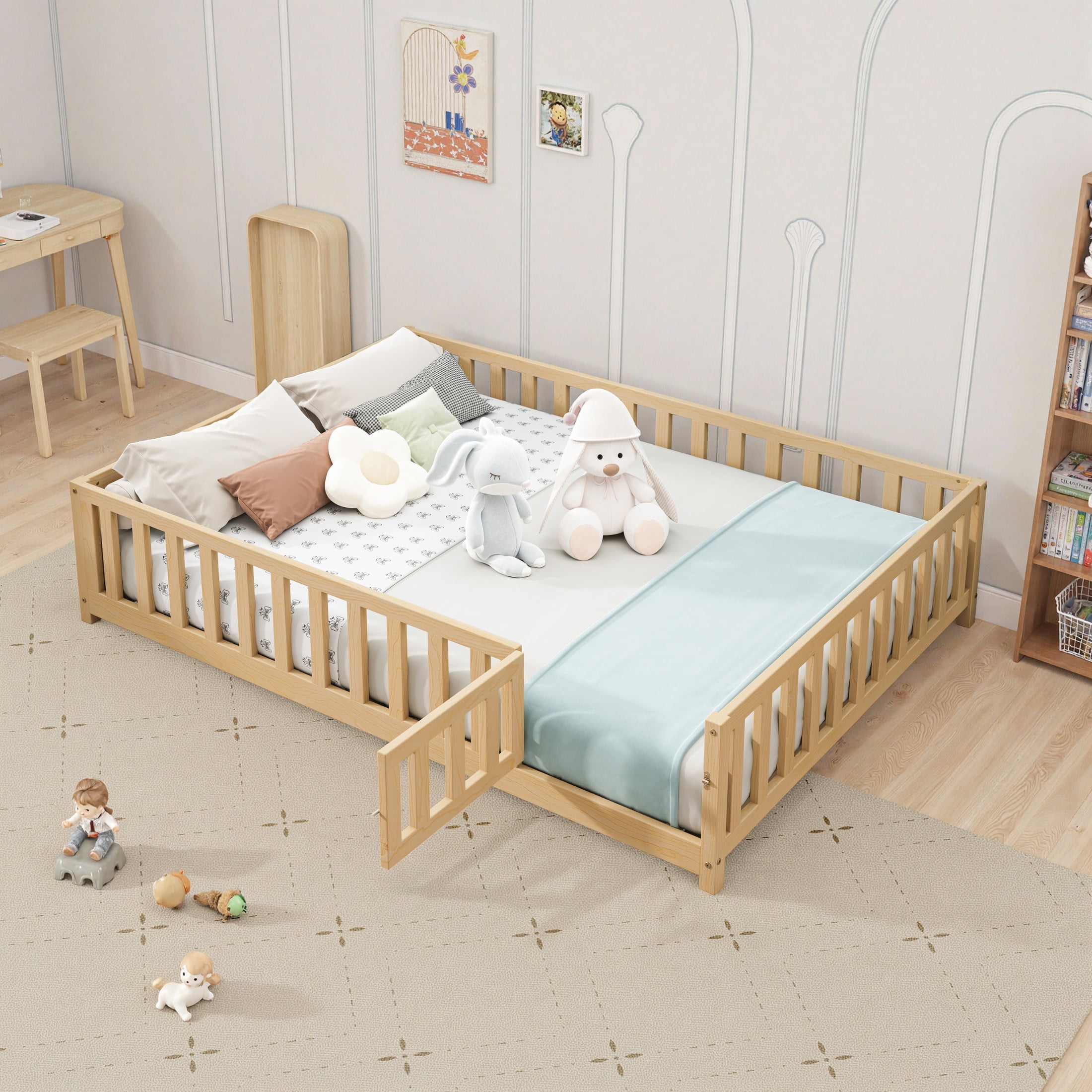 Noble House Full-Size Montessori Floor Platform Bed, Solid Wood Floor Beds with Fence & Door, Toddler-Safe, Natural