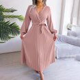 thumbnail image 5 of qafoshin Fall Pleated Dresses for Women V Neck Long Sleeve Midi Dress Waistband Classic Ruched Dress, 5 of 7