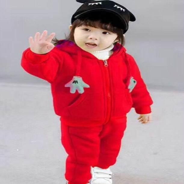 Ropa de niña recién nacida Conjunto de invierno Niños Otoño e invierno Grueso Cálido Suéter con capucha informal + Pantalones Chándales de oso lindo de dibujos animadosM-90 (13M-24M) Gao Jinjia LED