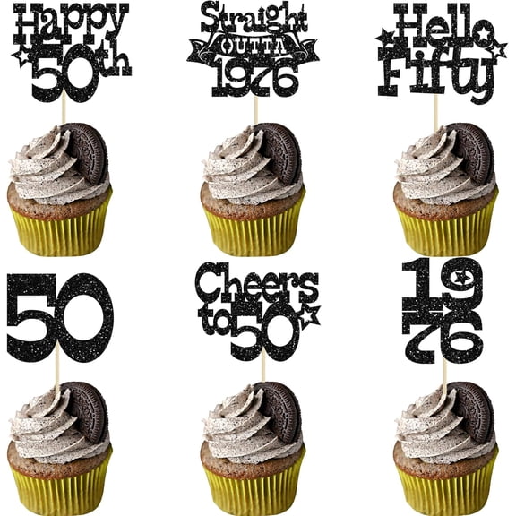 12Pcs Black Glitter 50th Birthday Cupcake Toppers, "Hello 1976, Cheers to 50" Picks for 50th Birthday Party Cake Decorations