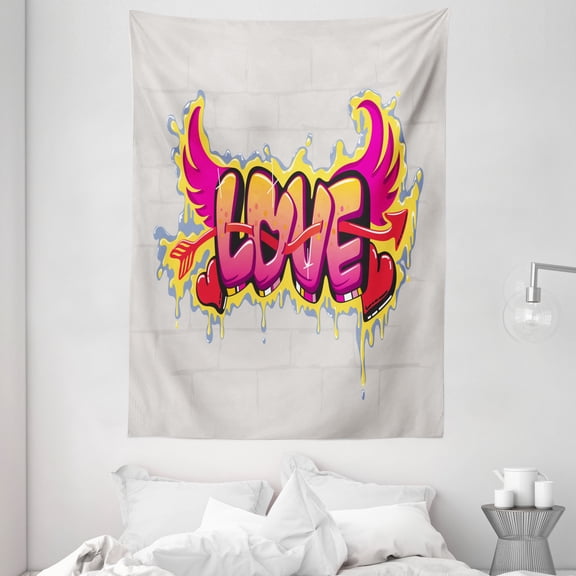 Love Decor Wall Hanging Tapestry, Love lettering on brick wall brushing dripping street art wings illustration, Bedroom Living Room Dorm Accessories, 60 X 80 Inches, by Ambesonne