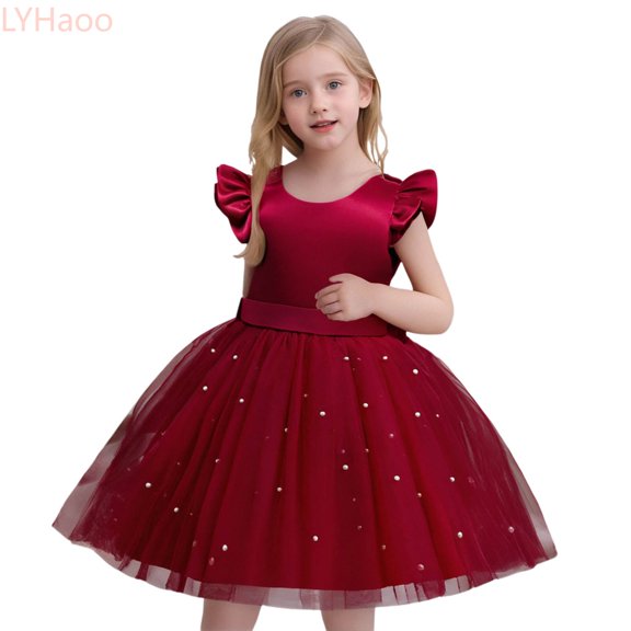 LYHaoo Girls Formal Party Dress With Flutter Sleeves Pearl Gown Bow Detail Elegant Occasion Wear,Dresses for Girls Sizes 2-3 Years Red