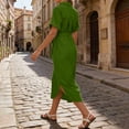thumbnail image 6 of ClodeEU Women's Short Sleeve Button Down Shirt Dress,Casual Tie Waist Midi Dress with Side Slit Green,Women's Plus XXL, 6 of 8