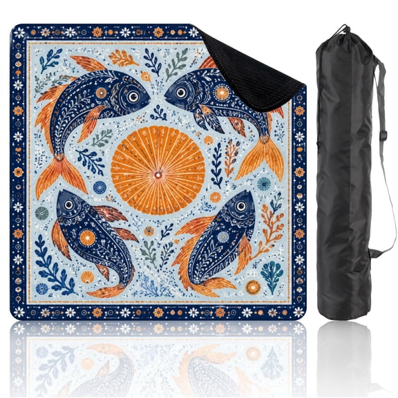 Mahjong Mat 31.5" x 31.5" Whimsical Fish Sun Blue Orange Non-Slip Noise Reduction Mahjong Accessories Gifts for Board and Tile Games