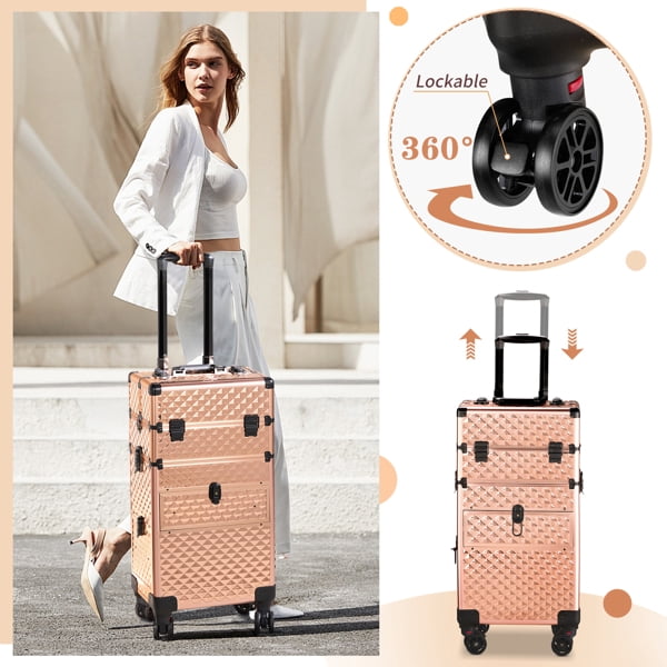 2-in-1 Champagne Gold Makeup Case, Diamond-Patterned Aluminum, Sliding & Removable Drawers with Swivel Wheels for Vanity/Travel/Professionals