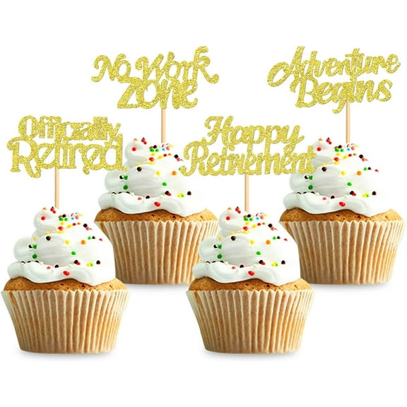 8pcs Happy Retirement Cupcake Toppers Officially Retired No Work Zone Adventure Begins Cupcake Picks Retirement Theme Farewell Birthday Party Cake Decorations Supplies Gold