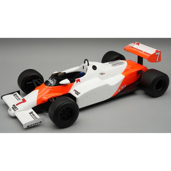 McLaren MP4/1C #7 Ayrton Senna F1 "British GP Test Drive" (1983) with Display Case "Mythos Series" 1/18 Model Car by Tecnomodel