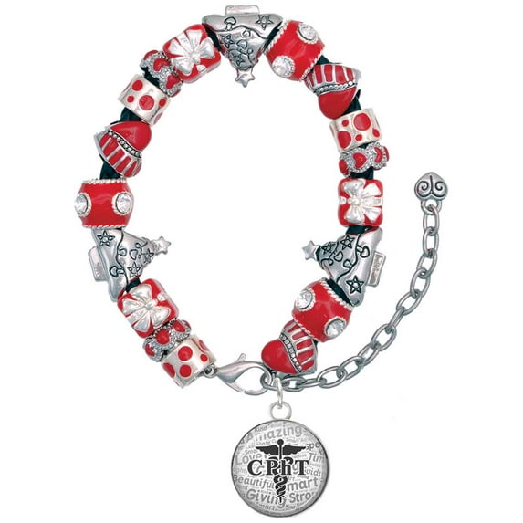 Silvertone Domed Black CPhT Red Christmas Bead Bracelet