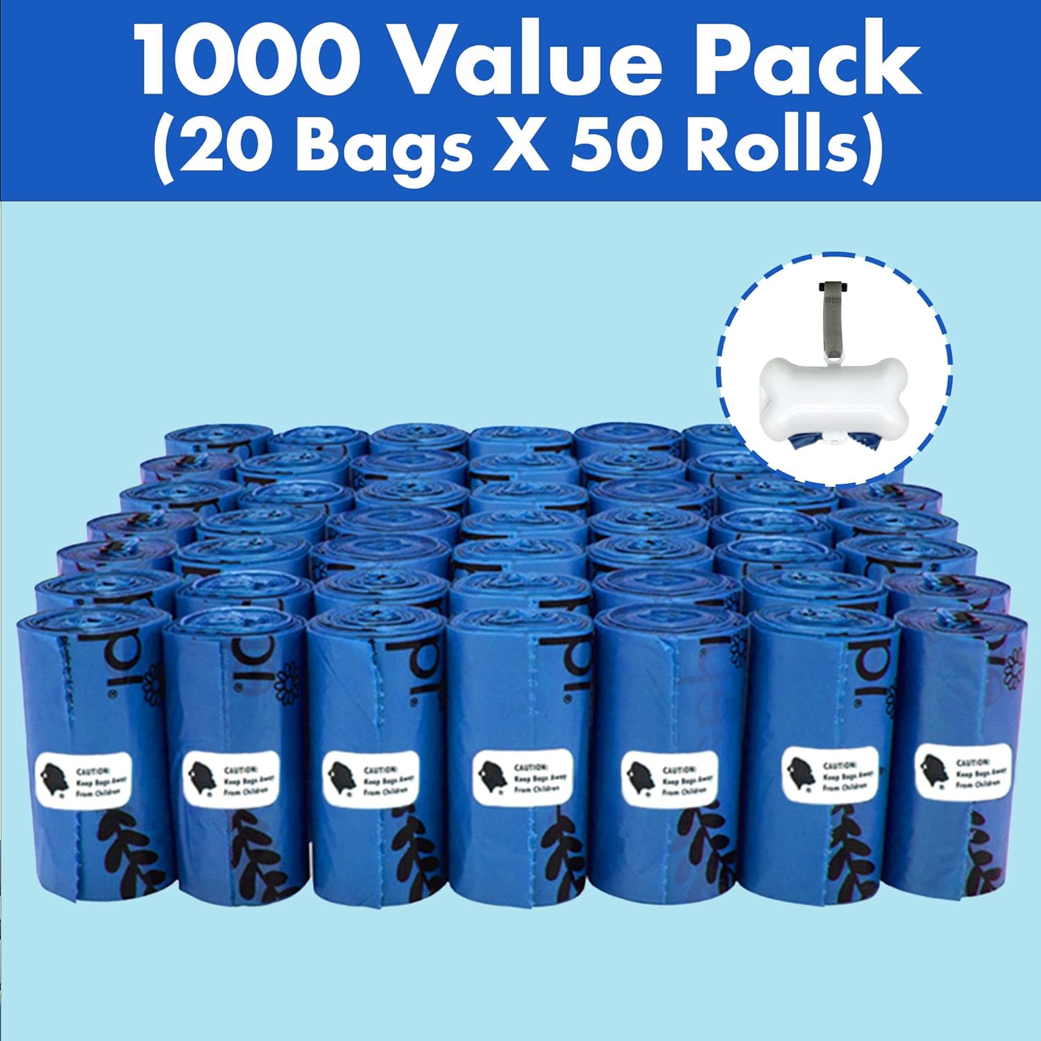 1000 Dog Poop Waste Bags with Dispenser and Leash Tie 9" x 13" Blue Count