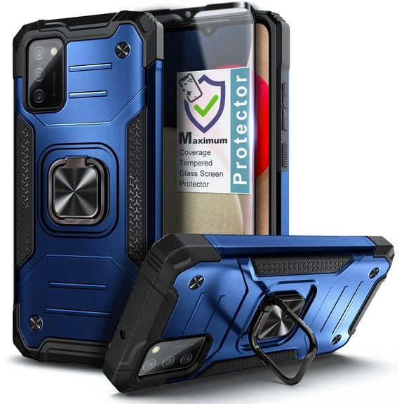 Nagebee Phone Case Compatible for Samsung Galaxy A03S with Tempered Glass Screen Protector (Full Coverage), Full-Body Protective [Military-Grade], Magnetic Car Mount Ring Holder, Heavy-Duty (Blue)