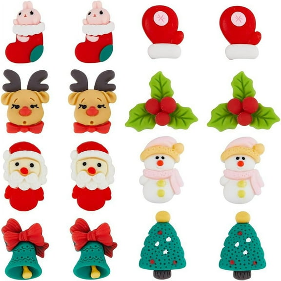 48Pcs 8 Styles Christmas Theme Opaque Resin Cabochons Reindeer & Christmas Tree & Santa Claus 21~25x15.5~26x6~8.5mm