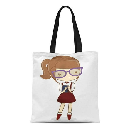 ASHLEIGH Canvas Tote Bag Brown Cartoon Nerdy Girl Purple College Glasses Preppy Book Durable Reusable Shopping Shoulder Grocery Bag