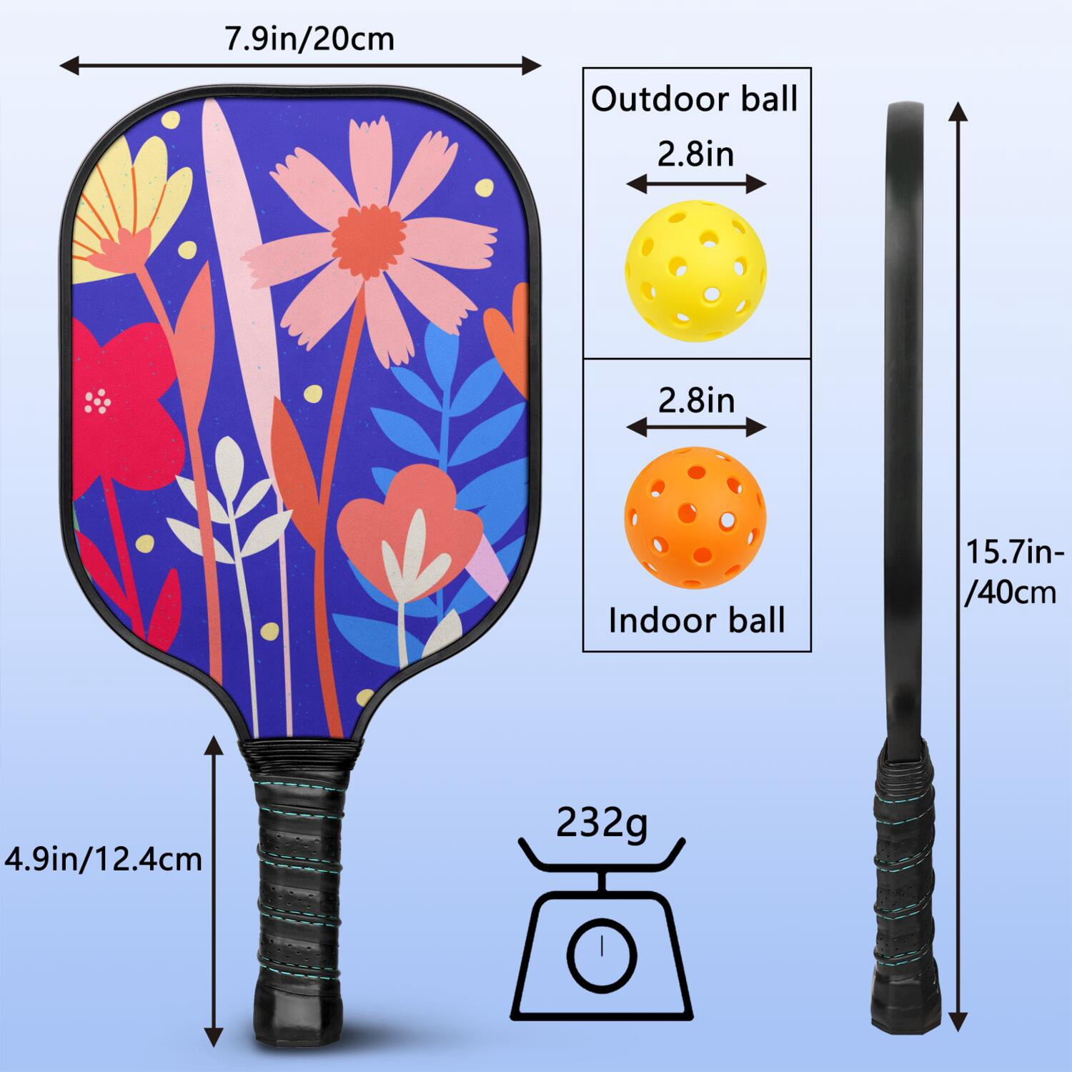 Pickleball Paddles Set Of 2, Fiberglass Surface, Vintage Floral Print, 4 Balls & Bag