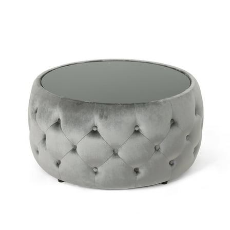 GDF Studio Ivy Glam Velvet Tufted Coffee Table Ottoman with Tempered Glass, Smoke