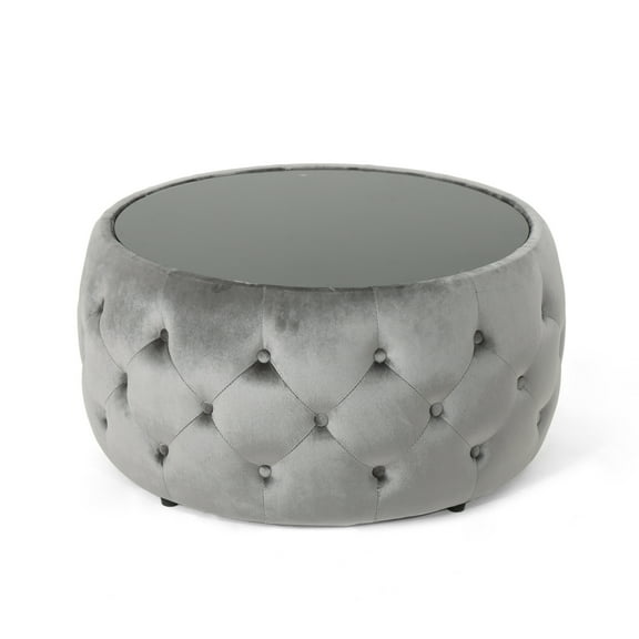 GDF Studio Ivy Glam Velvet Tufted Coffee Table Ottoman with Tempered Glass, Smoke