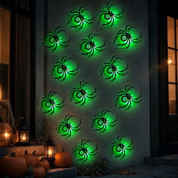12PCS Light up 3D Spider Halloween Wall Decorations, Led Glowing Black Spider Stickers with Lights for Home Indoor Outdoor Wall Window Door Halloween Party Scene Decals Decorations