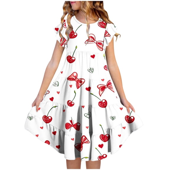Sentuca Girls Short Sleeve Dress Summer Casual A-Line Flower Dresses Ruffled Twirl Sundress Size 8-9Years