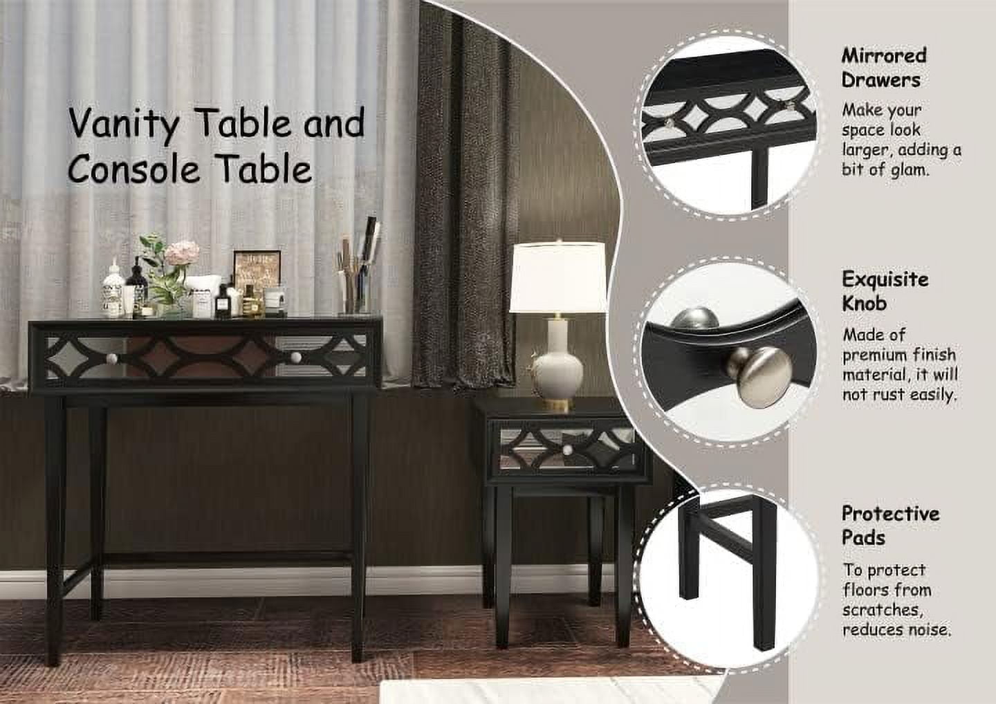 KHBIULIFE Modern Contemporary Nightstand  2-Drawer Front Mirror Nightstand  for Small Spaces  Bedroom  Black