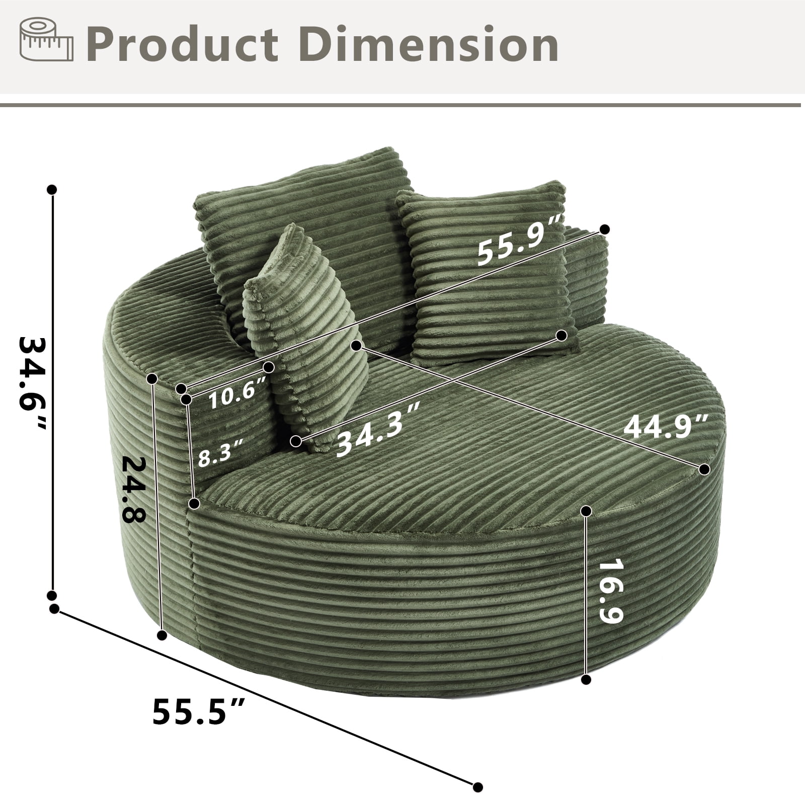 Aukfa Oversized Round Chaise Longue Chair Indoor, 56-inch Upholstered Corduroy Deep Seat Circle Cloud Sofa Chair, Green