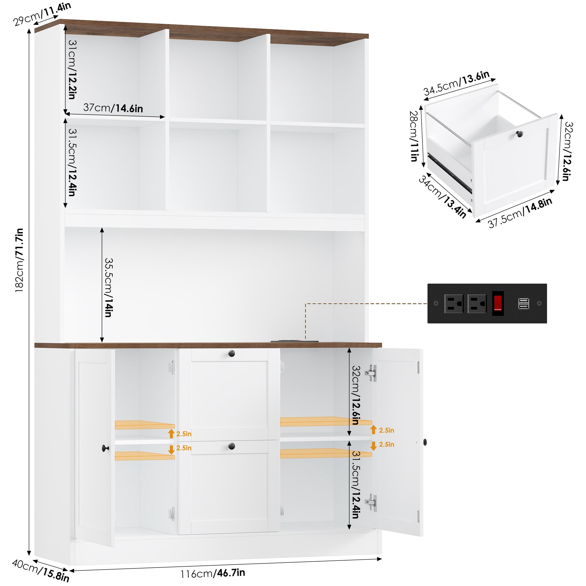 Homfa 71″ 6 Cubes Bookcases with 2 Storage Drawers and Charge Station, 3 Tier Bookshelf with Adjustable File Storage Cabinet for Living Room Home Office, White