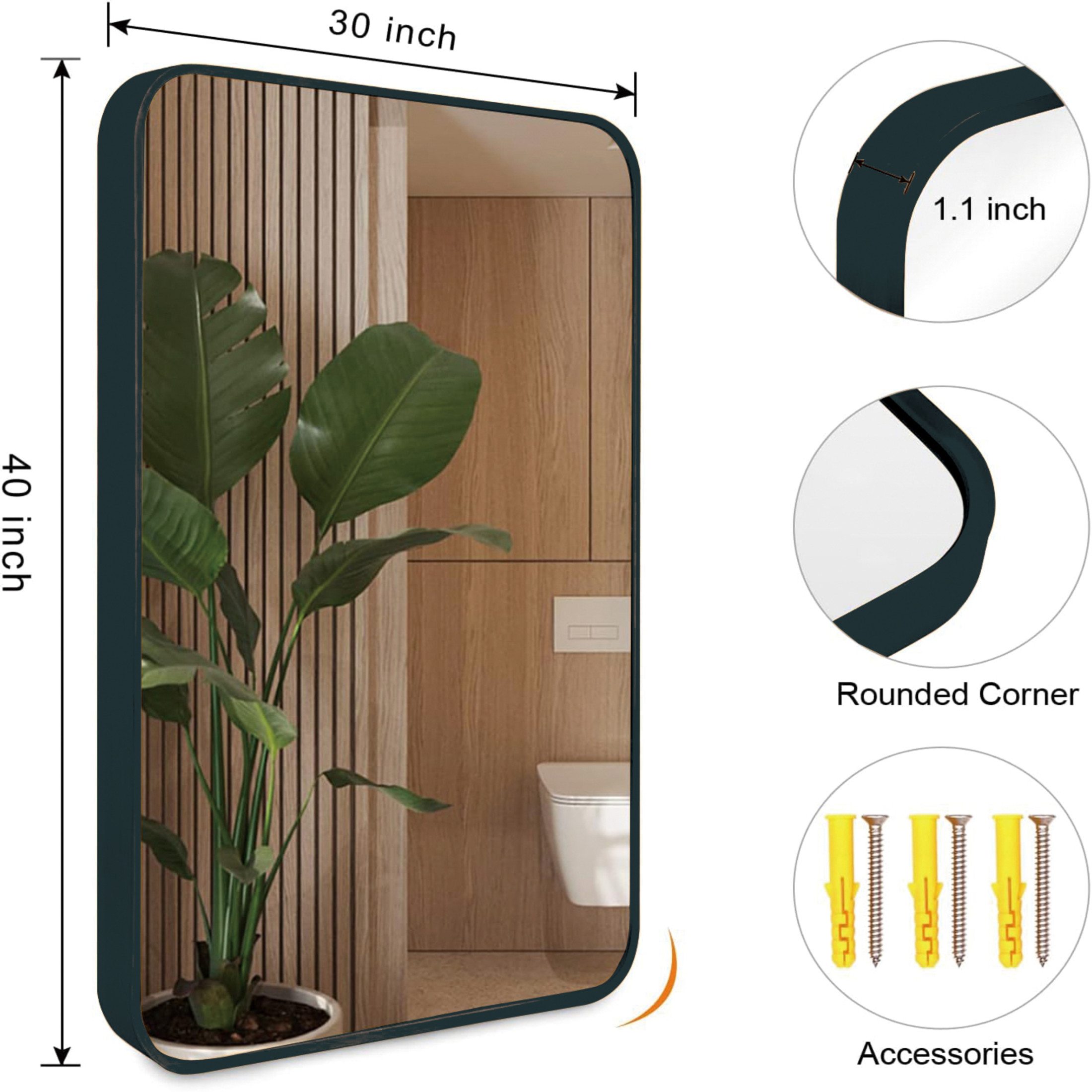 Noble House 30"x40" Rectangular Bathroom Wall Mirror, Metal Frame with HD Glass, Black