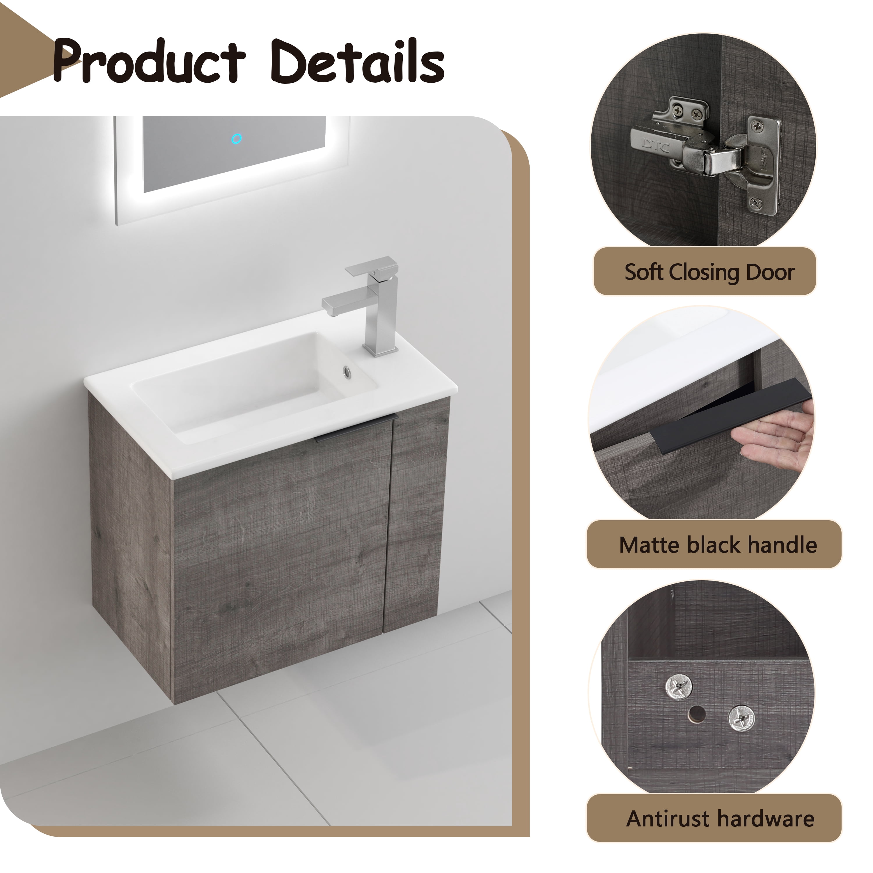 Leumius Bathroom Vanity with Sink 22 Inch for Small Bathroom,Floating Bathroom Vanity with Soft Close Door,Small Bathroom Vanity with Sink.Plaid Grey Oak