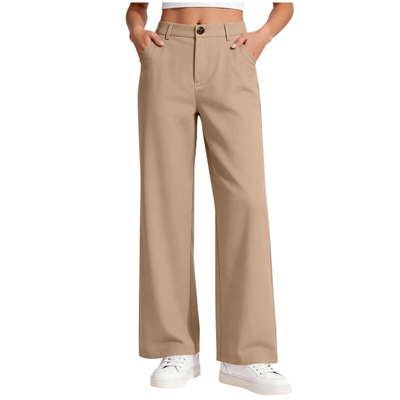 ZOYOEN Girls Dress Pants with Pockets- Baggy Casual Wide Leg High Waist Kids School Uniforms Khaki Size 5-14 Years