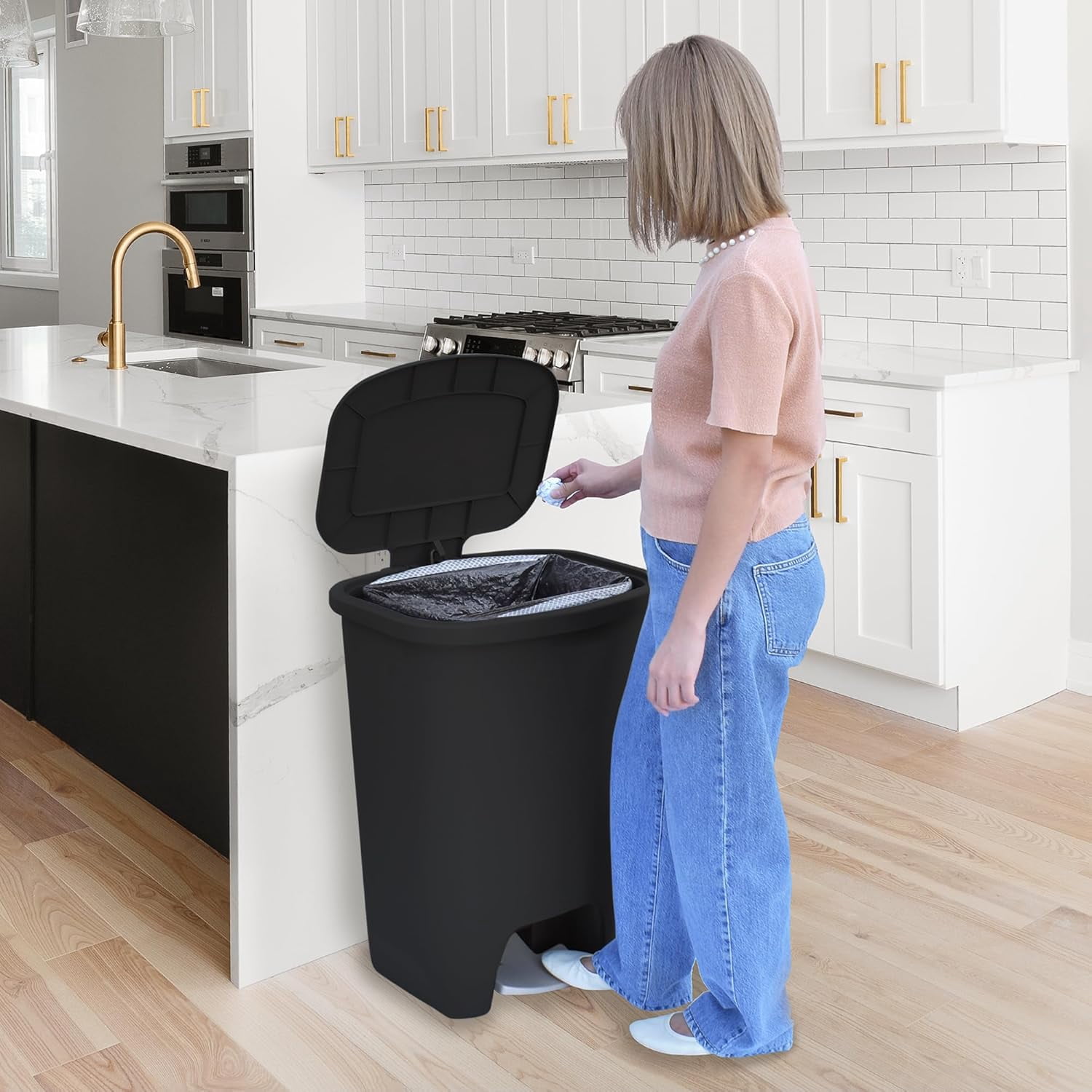 Librala 20 Gallon Trash Can - Plastic Kitchen Waste Bin with Odor Protection of Lid - Hands Free with Step On Foot Pedal and Garbage Bag Rings, Black