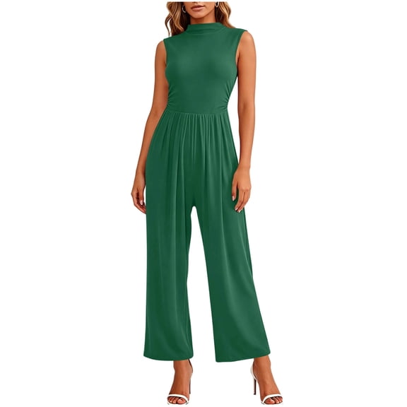 Sleeveless Jumpsuits for Women Dressy Casual Mock Neck Wide Leg Pleated One Piece Rompers Jumpers with Pockets Green, 2XL