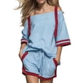thumbnail image 2 of Karymi Womens Blouses Tracksuit 2 Piece Outfit, Contrast Off Shoulder Short Sleeve Striped Cuff Baot Neck Top & Elastic Drawstring Waist Side Trim Shorts Going Out Tops, 2 of 7