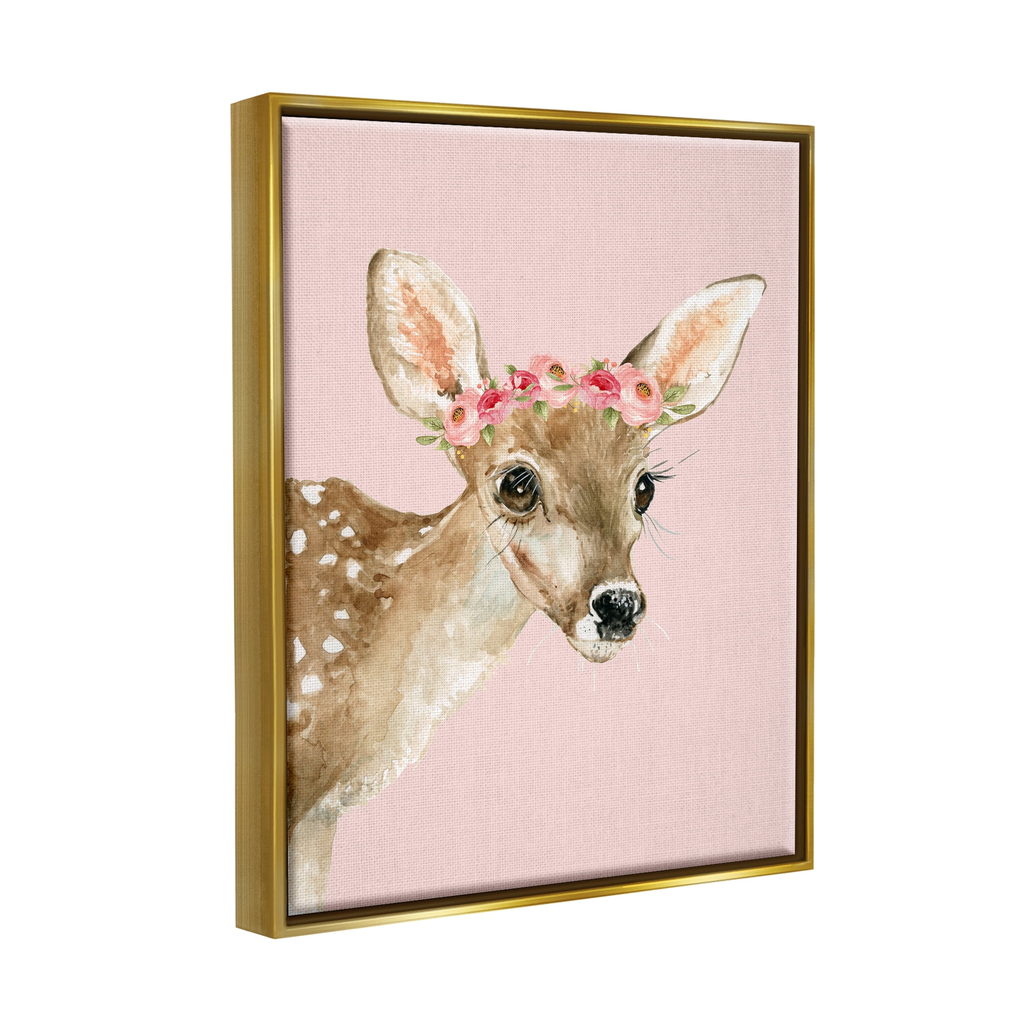 Stupell Industries Baby Deer Flower Crown Animals & Insects Painting Gold Floater Framed Canvas Art Print Wall Art, 25 x 31