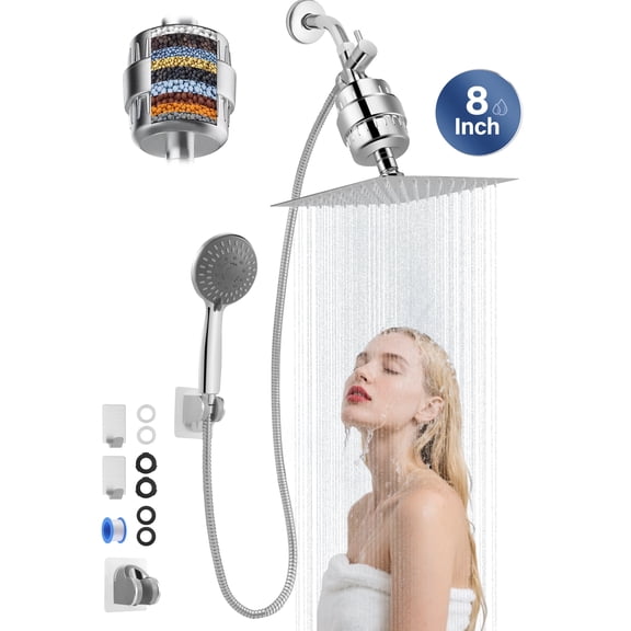 Doulami Shower Head Combo Filtered Shower Head with Handheld 8'' Dual Rainfall Showerhead 5 Settings High Pressure Handheld Showerhead