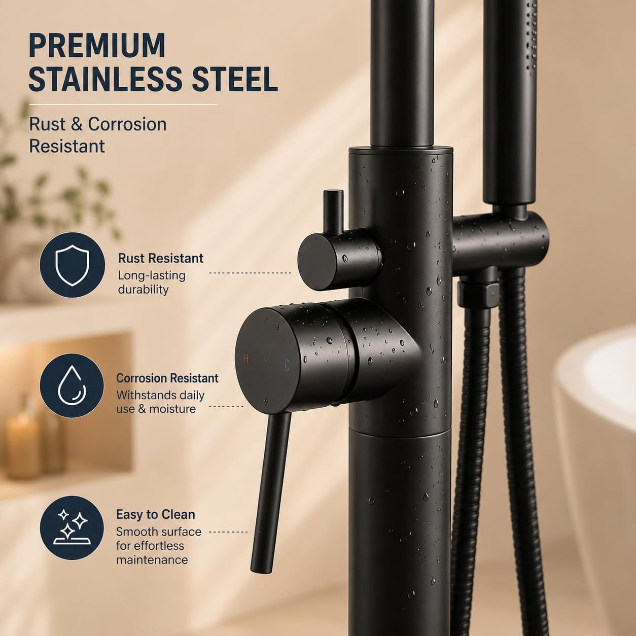 Nygira Freestanding Bathtub Faucet with Handheld Shower, Floor Mount Tub Filler, Bathroom High Flow Solid Brass Construction, Matte Black