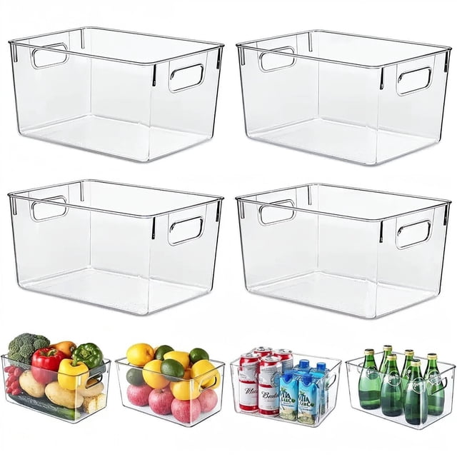 TechGen Refrigerator Storage Bins, Open-Top Fridge Shelf Organizer Baskets with Handles, Clear Plastic Kitchen Storage Containers, 4-Pack