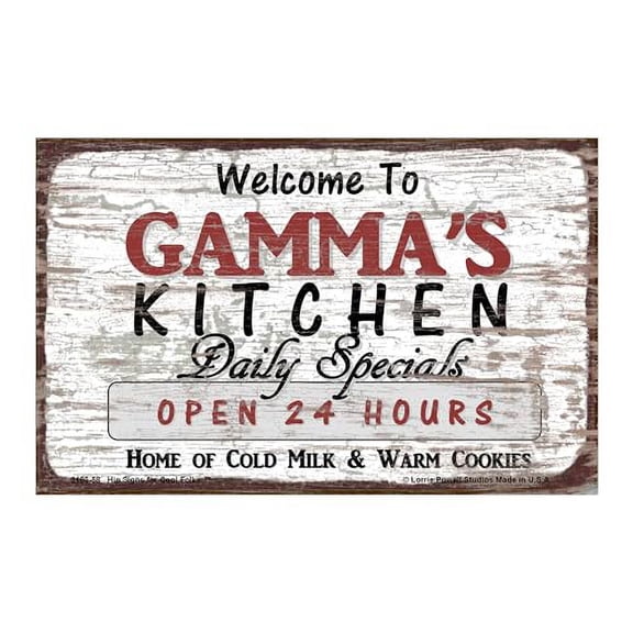Deluxe Wood Magnet, 5x8 Inches, Welcome to Gamma's Kitchen - Daily Specials, Open 24 Hours, Home of Cold Milk and Warm Cookies - Magnetic Hardboard Sign with Saying for Grandma, Vintage Style Decor