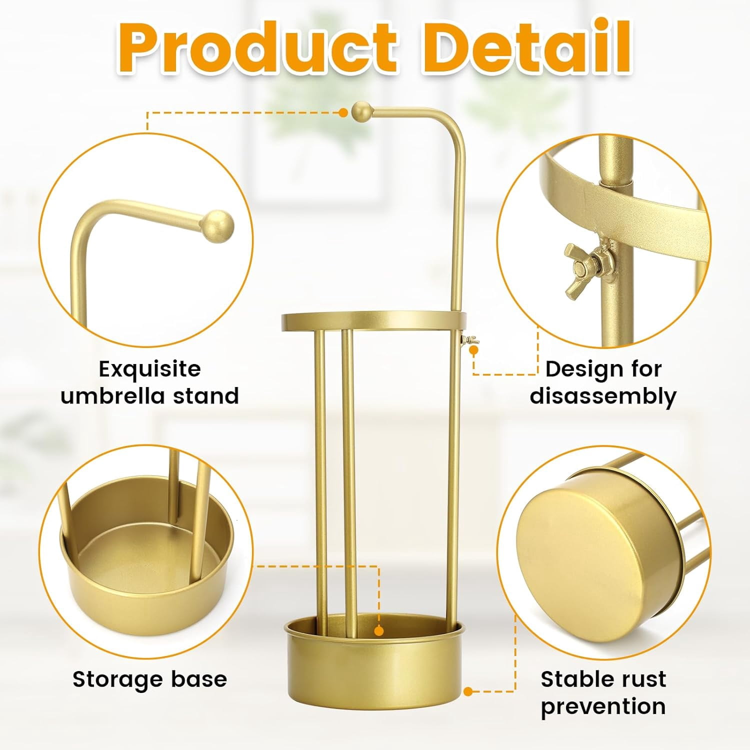 Golden Rust Proof Umbrella Holder, Entrance Drain Umbrella Bucket, Steel Circular Umbrella Holder, Umbrella Storage Rack, Suitable for use in Homes, Offices, Hotel Lobbies （Gold）