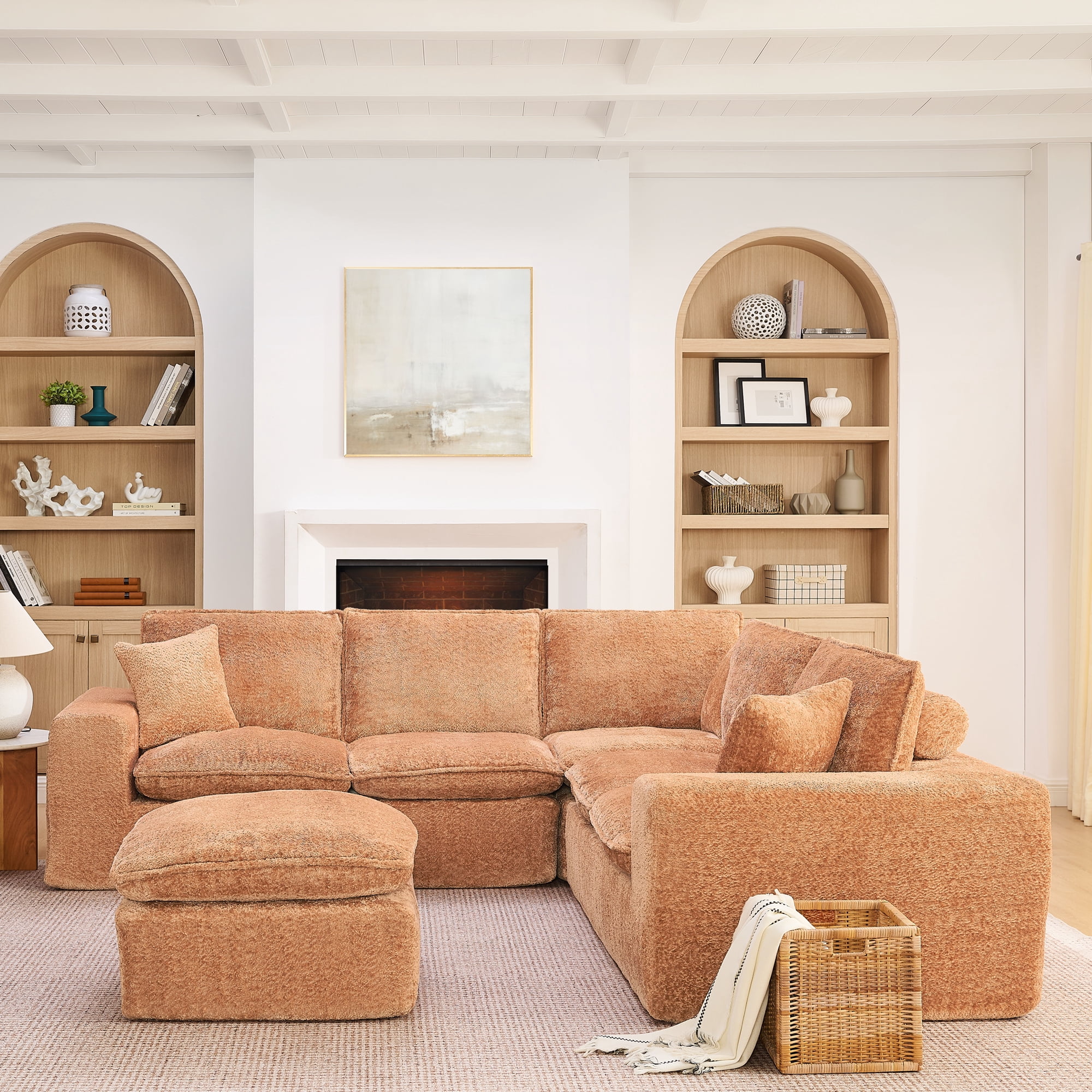 107" Modular 6 Seats Sectional Sofa Boucle Cloud Couch L Shape with Ottoman Deep Seat Comfy Living Room Sofa with Pillows, No Assembly, Orange