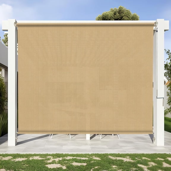 NAWAY 7'W x8'H Outdoor Roller Shades, Cordless Patio Roll Up Outdoor Blinds with 2 Poles & 1 Fabric, Exterior Sun Shade Cloth for Porch, Gazebo, Balcony, Pergola, Sesame