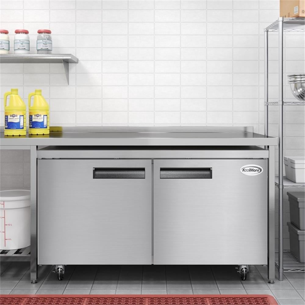 Pemberly Row 60" Two-Door Commercial Undercounter Freezer with Casters in Silver
