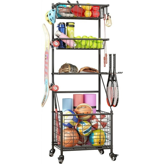 Sports Garage Equipment Organizer Storage Ball Rolling Cart with Basket and Hooks Lockable for Playgroup Gym and Schools Black