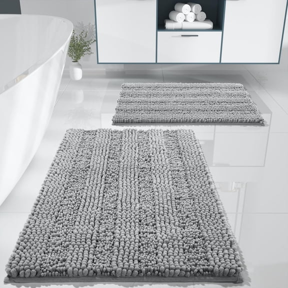 Chenille Bathroom Rug Set 2 Piece, Ultra Soft Absorbent Non Slip Bath Mat, Machine Washable Quick Dry Shower Rugs for Bathroom Floor Sink Tub, 32x20 and 24x17 Inches, Gray