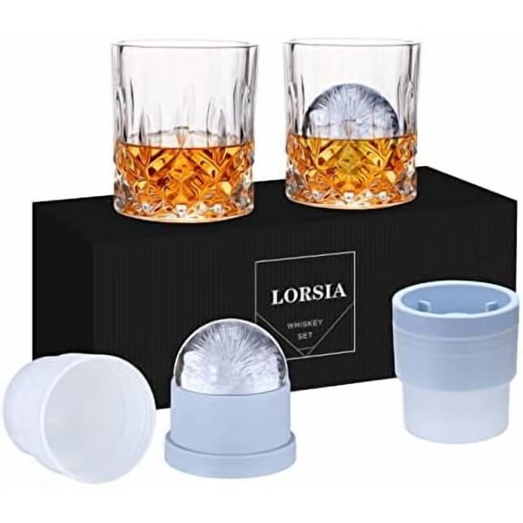 Whiskey Rocks Glass, Set of 4 (2 Crystal Bourbon Glasses, 2 Round Big Ice Ball Molds) In Gift Box - 10 Oz Old Fashioned Glasses for Scotch Cocktail Rum Cognac Vodka Liquor, Unique Gifts for Men