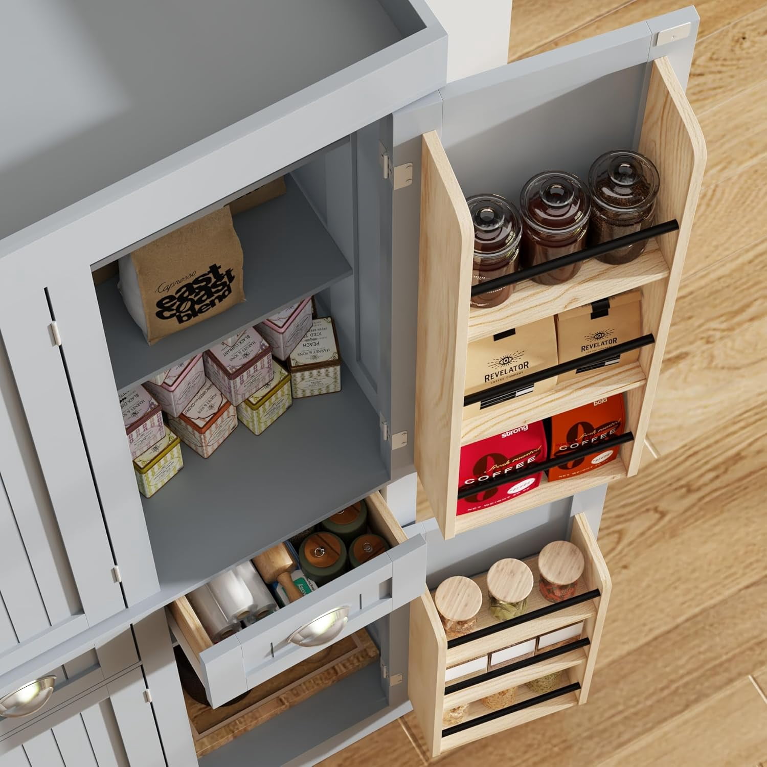ChVans 71" Tall Kitchen Pantry with 6 Doors, Storage Cabinet with 2 Large Drawer 6 Hanging Shelves, Freestanding Cupboard for Dining Room Living Room