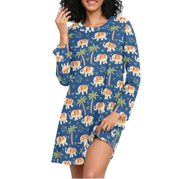 joogoo Cute Elephants Palm Trees Women's Long Sleeve Nightgown Sleepwear L