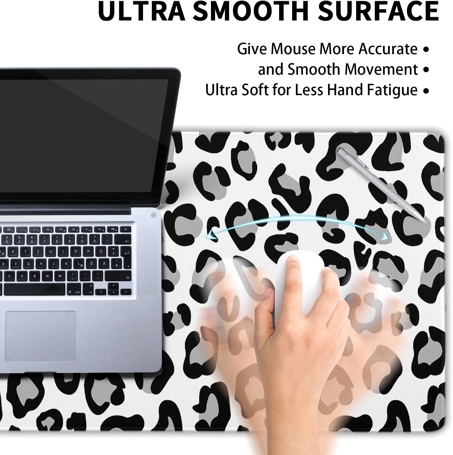 White Leopard Print Gaming Mouse Pad XL Cute Grey Cheetah Texture Extended Large Desk Cover Big Table Mat Non-Slip Rubber Base Stitched Edge Long Keyboard Playmat for Gamer,31.5×11.8 Inches