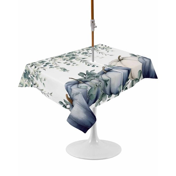 Outdoor Table Cloth with Umbrella Hole and Zipper, Blue Pumpkins Fall Waterproof Rectangle Tablecloth 54"x80", Thanksgiving Eucalyptus Leaves Washable Table Cover for Outside Party Patio Picnic
