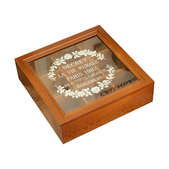 Wooden Tea Storage Organizer 9 Compartments Square Acrylic Display for Coffee and Kitchen Countertop Organizer 95 x 95 x 28 Inch